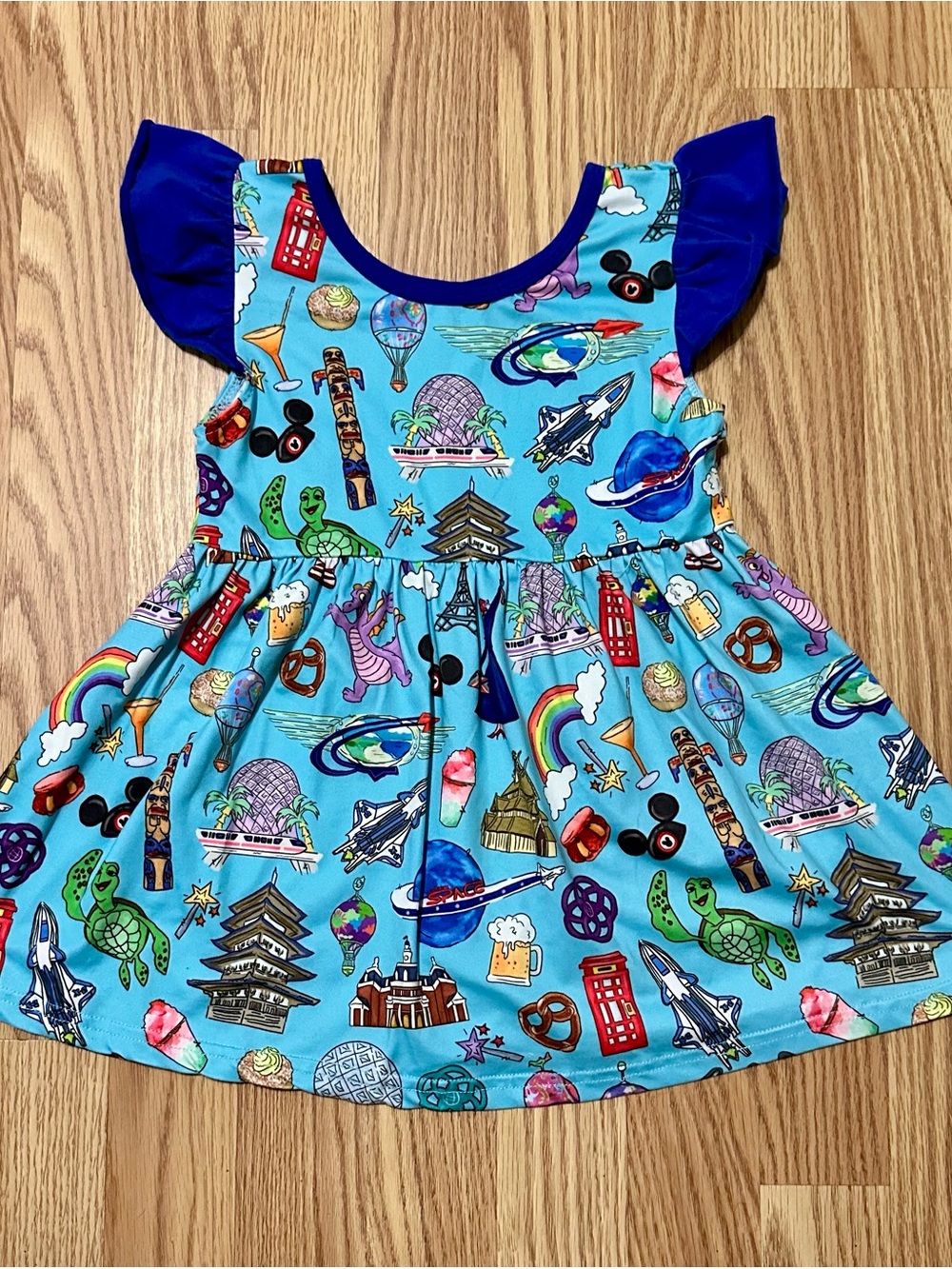 Blue Flutter Sleeve Epcot Print Dress